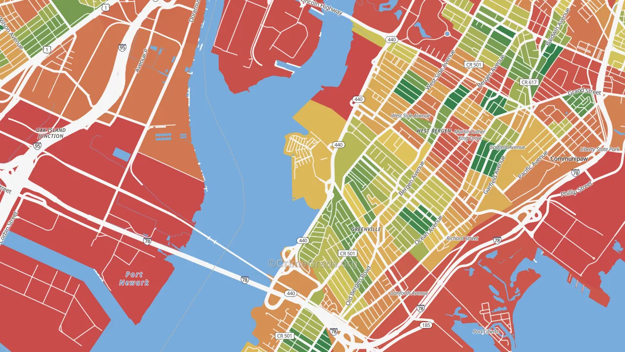Hackensack Riverfront, Jersey City, NJ Map of Theft Rates