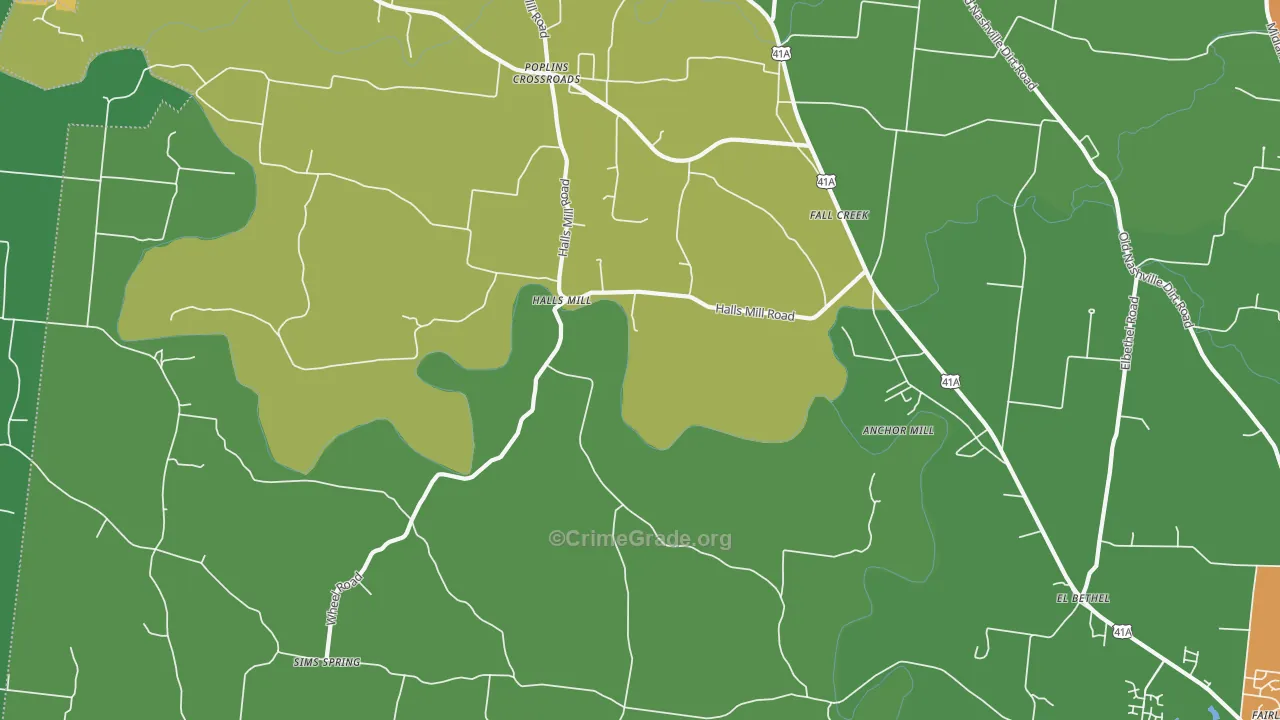 Halls Mill, TN Map of Theft Rates