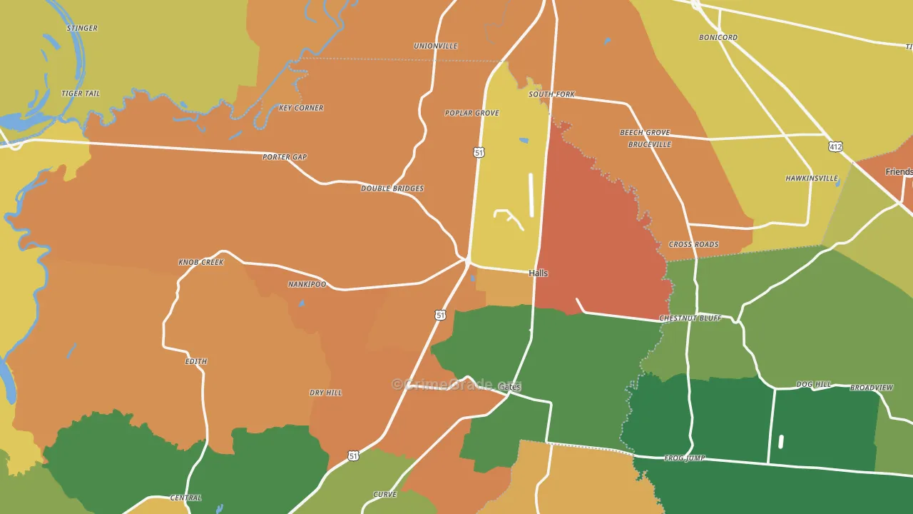 Halls, TN Map of Theft Rates