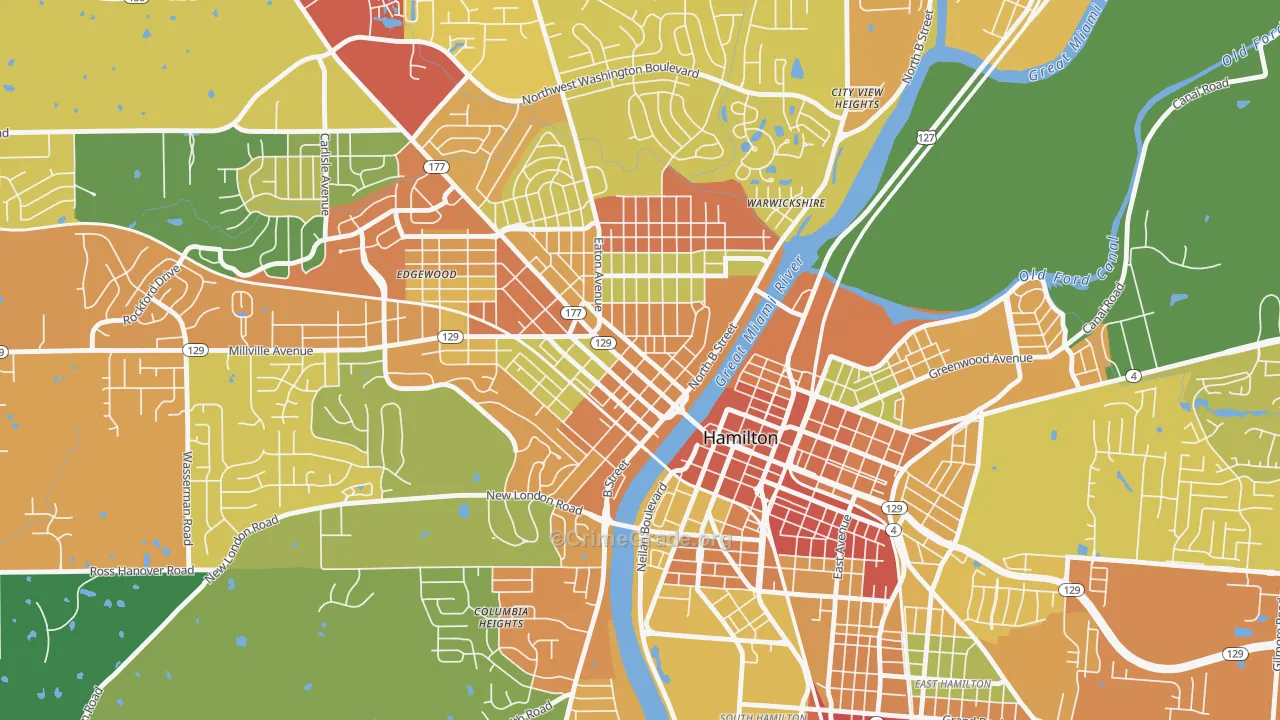 Hamilton Main Street Historic District, Hamilton, OH Map of Theft Rates