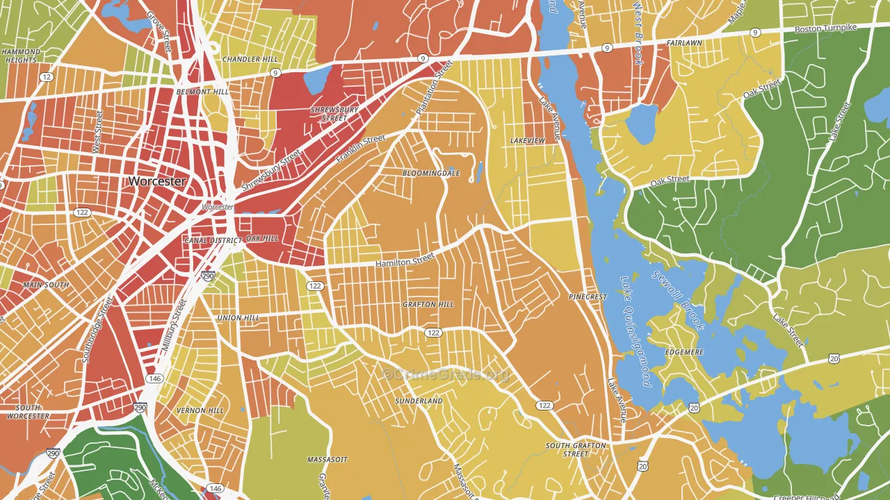 Hamilton, Worcester, MA Map of Theft Rates
