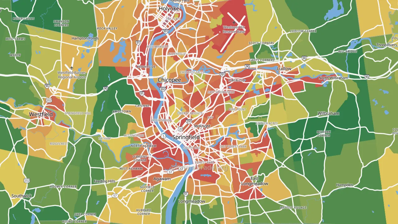 Hampden County, MA Map of Theft Rates