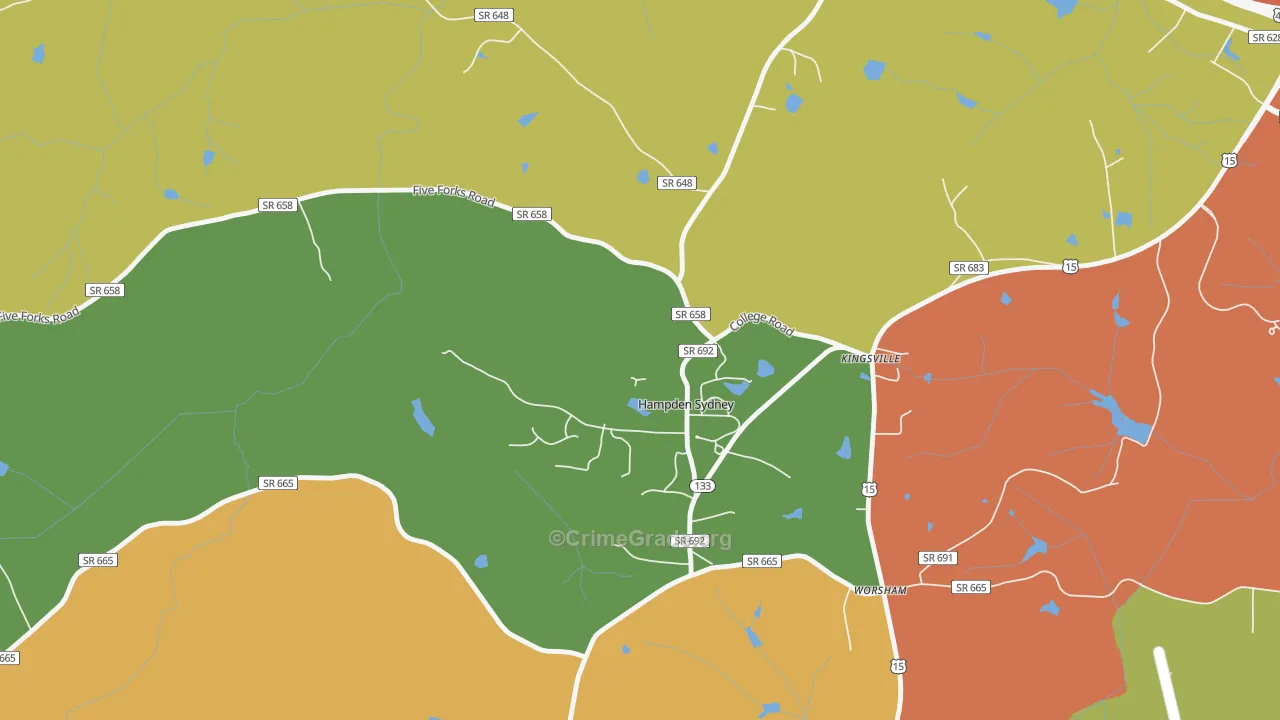 Hampden-Sydney, VA Map of Theft Rates