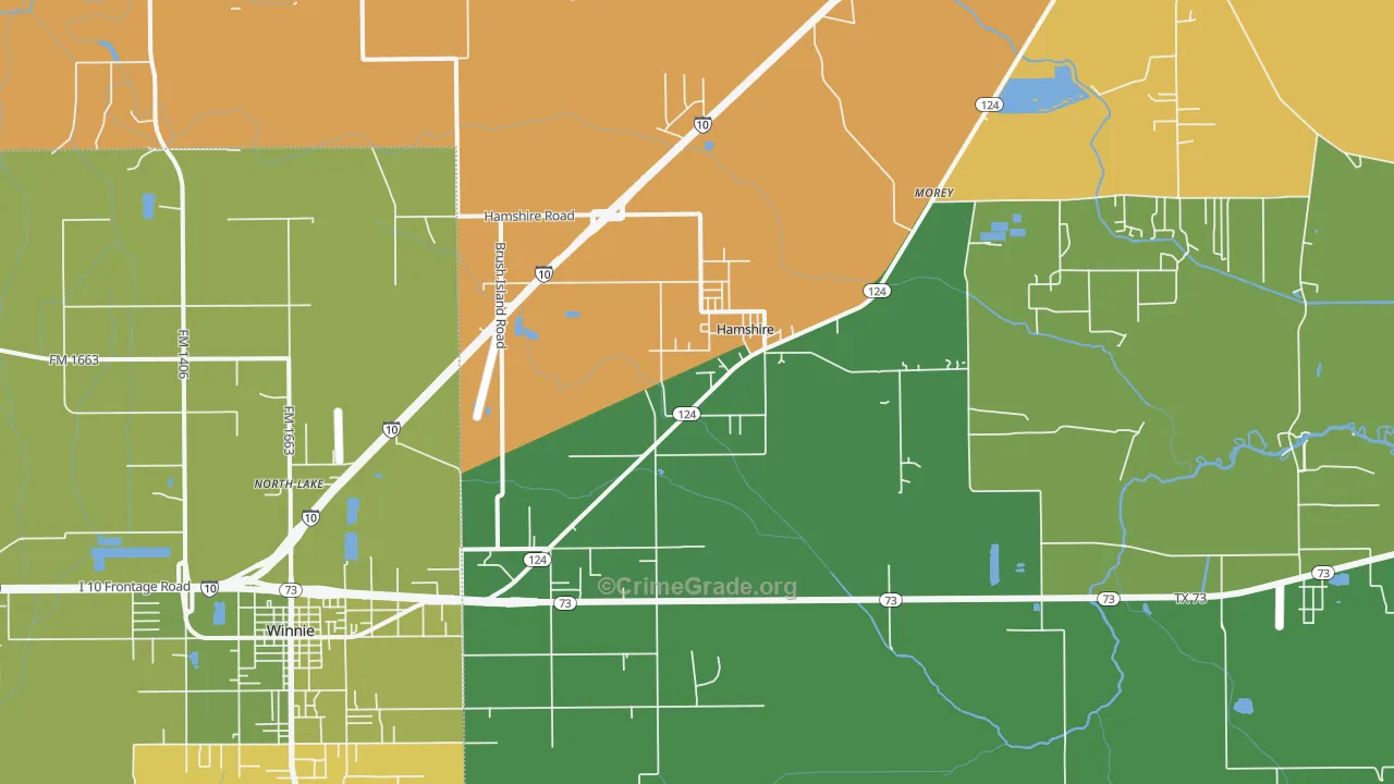 Hamshire, TX Map of Theft Rates
