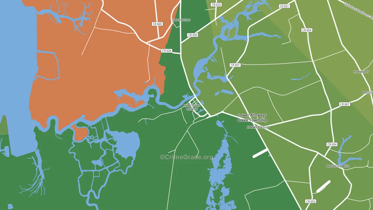 Hancocks Bridge, NJ Map of Theft Rates