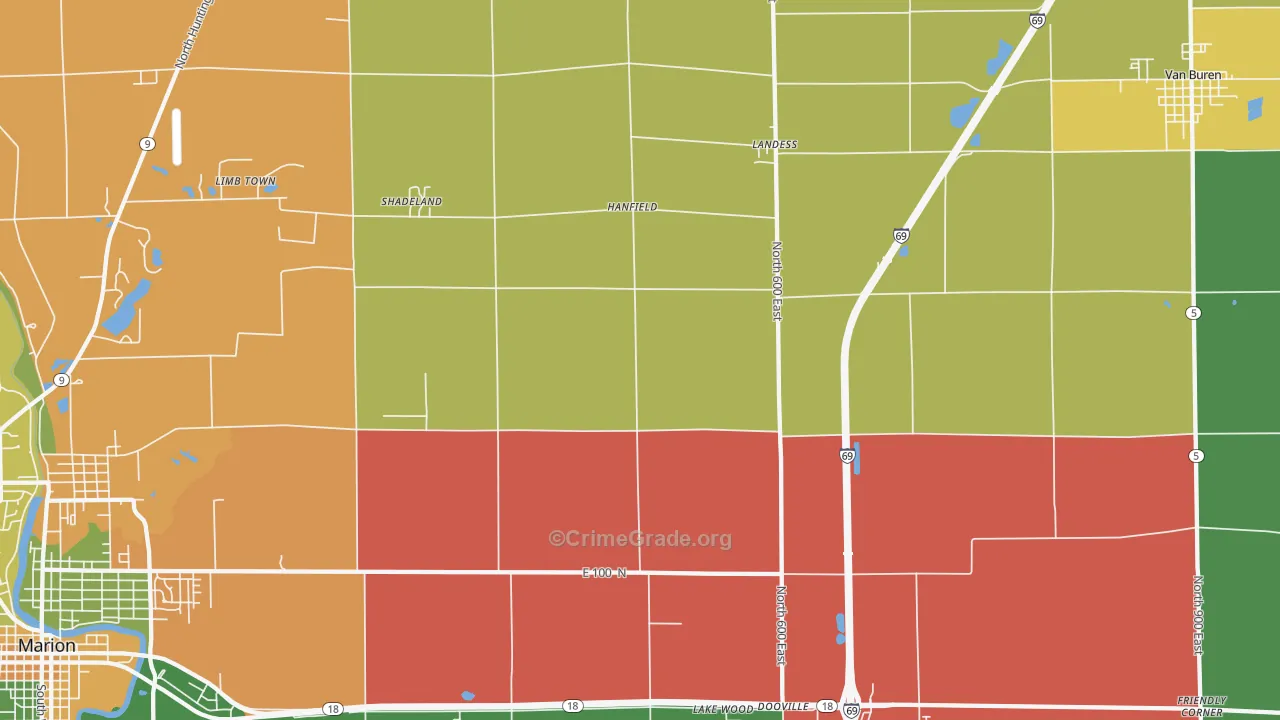 Hanfield, IN Map of Theft Rates