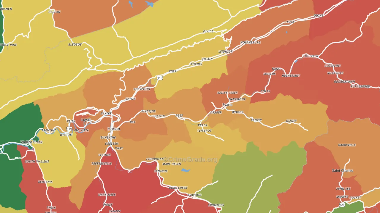 Harlan County, KY Map of Theft Rates