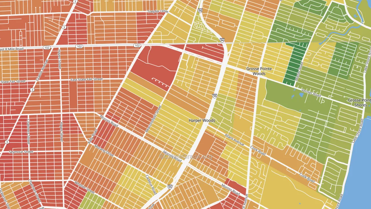 Harper Woods, MI Map of Theft Rates