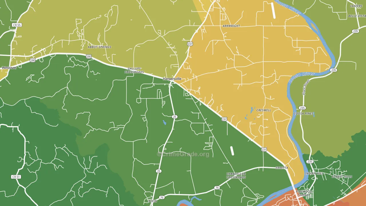 Harpersville, AL Map of Theft Rates