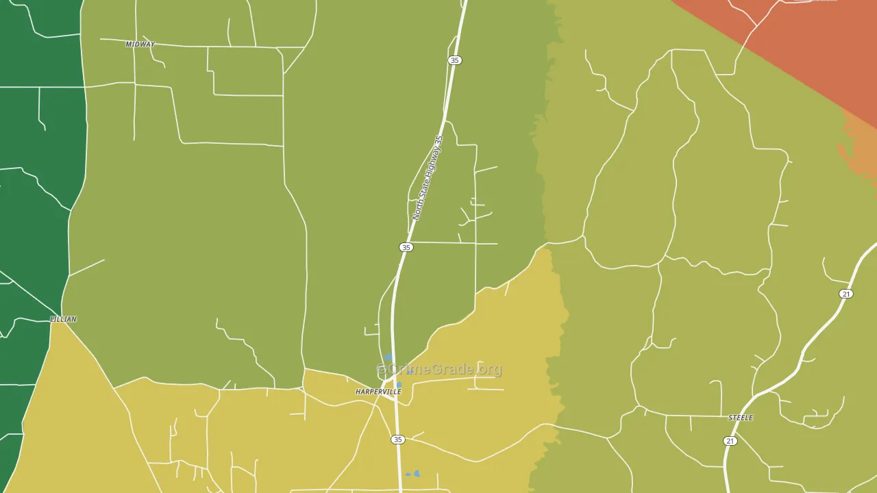 Harperville, MS Map of Theft Rates