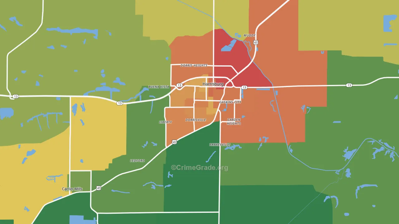 Harrisburg, IL Map of Theft Rates