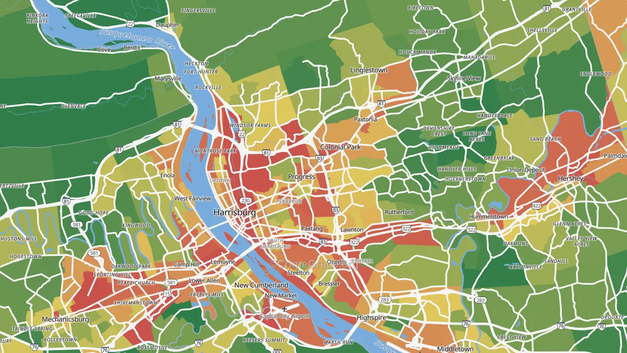 Harrisburg, PA Map of Theft Rates