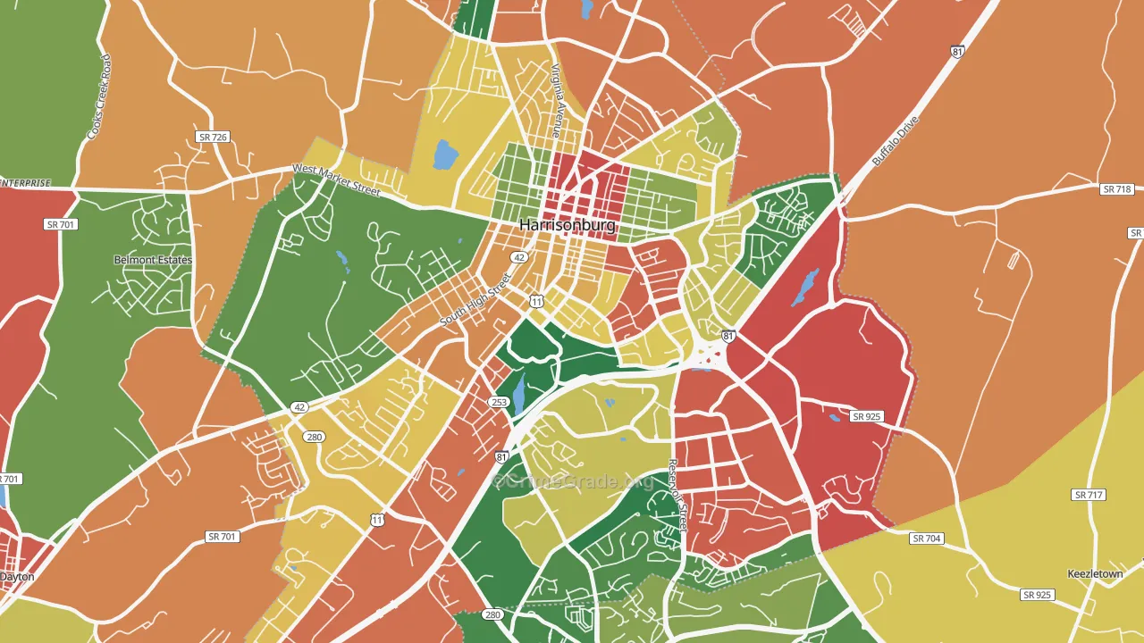 Harrisonburg City, VA Map of Theft Rates