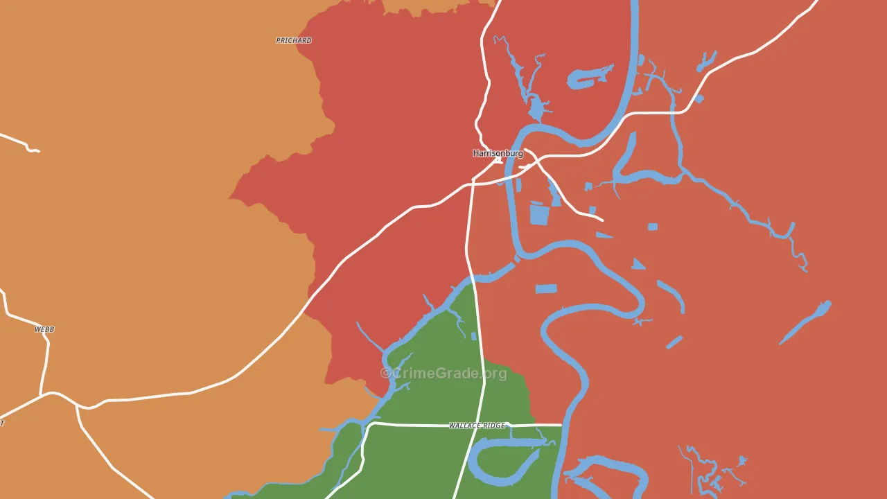 Harrisonburg, LA Map of Theft Rates