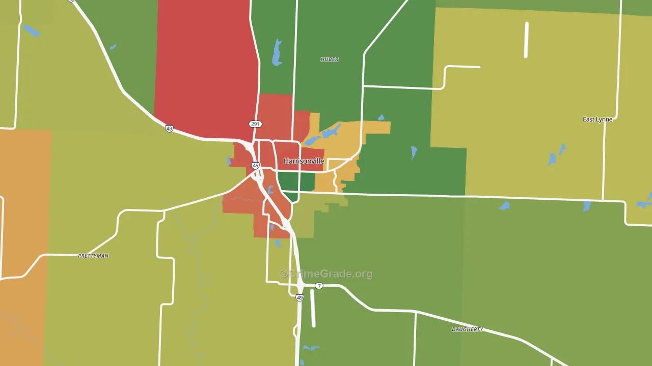 Harrisonville, MO Map of Theft Rates