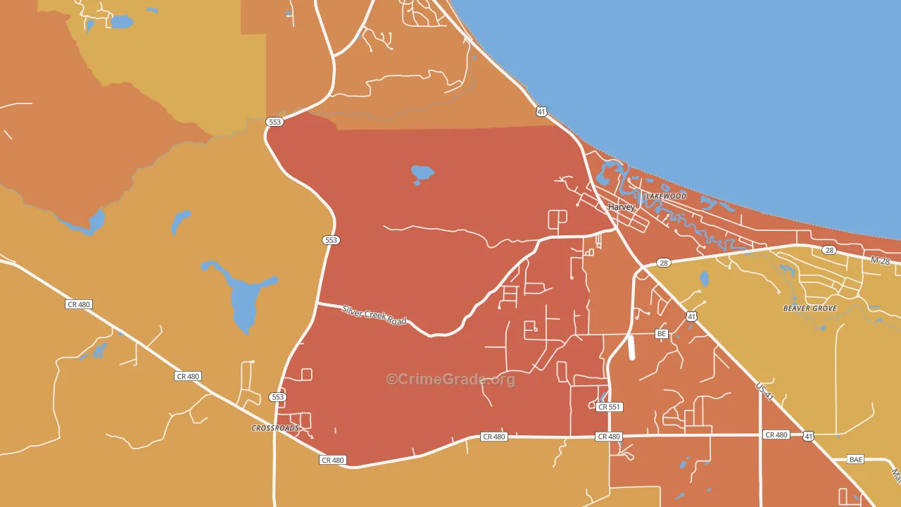 Harvey, MI Map of Theft Rates