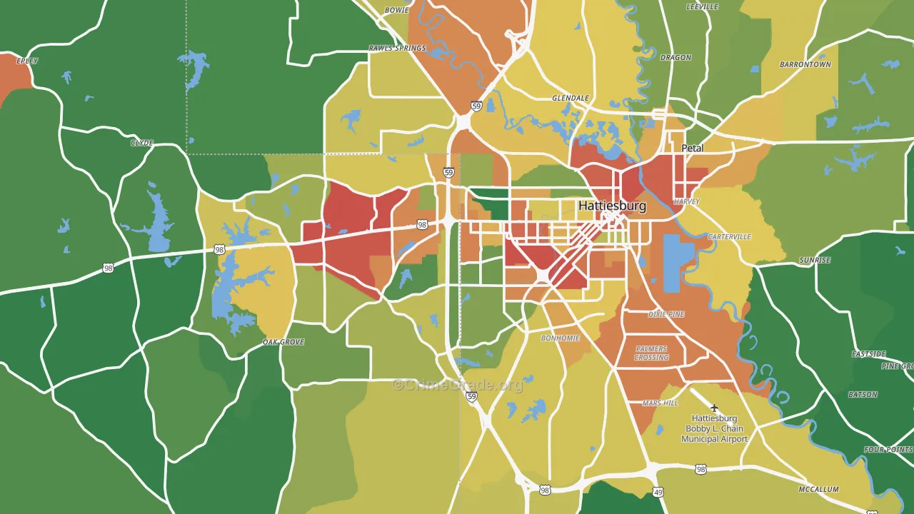 Hattiesburg, MS Map of Theft Rates