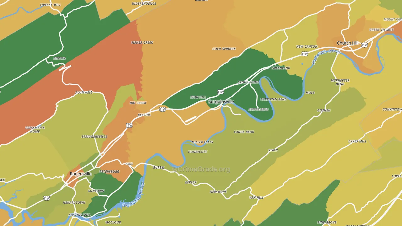 Hawkins County, TN Map of Theft Rates