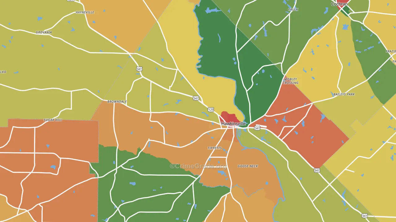Hawkinsville, GA Map of Theft Rates