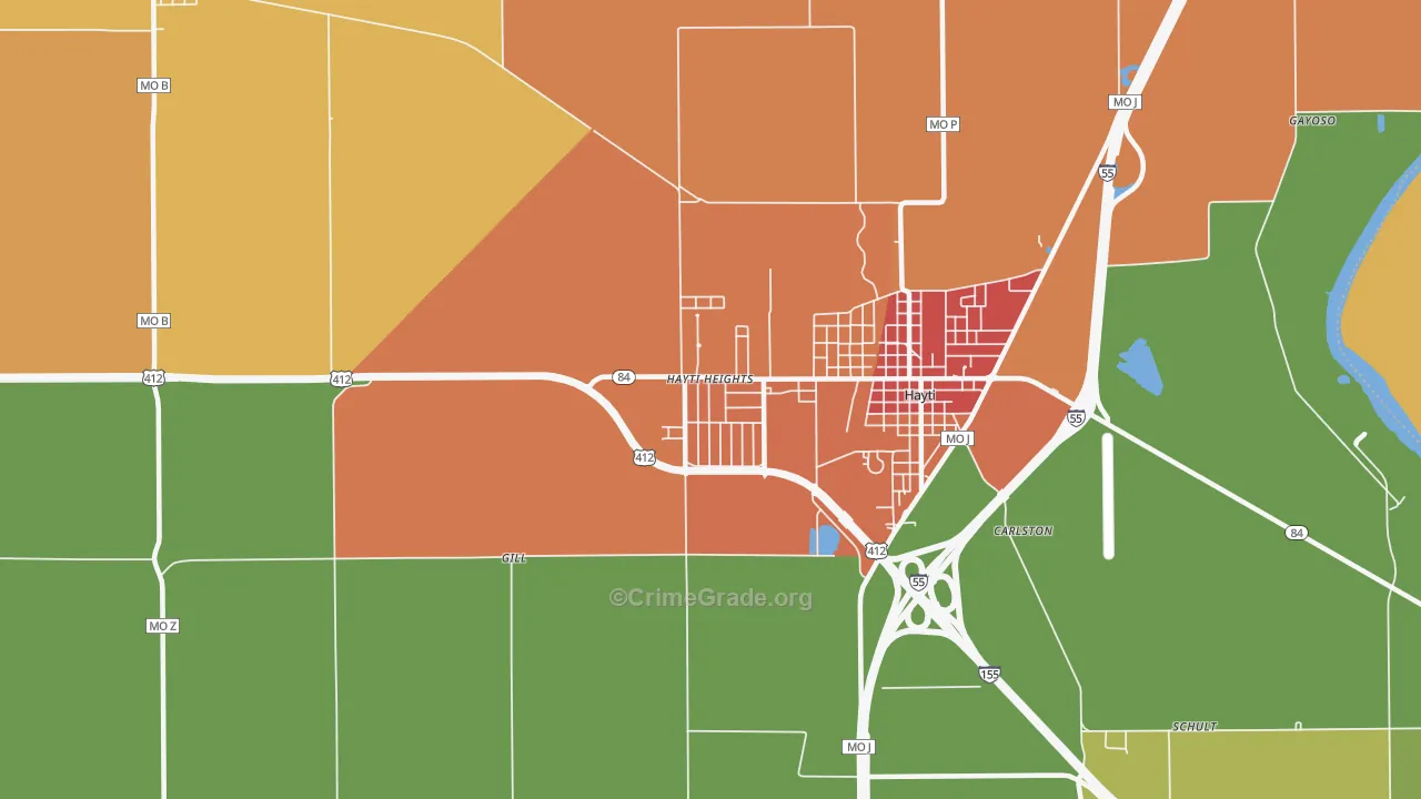 Hayti Heights, MO Map of Theft Rates