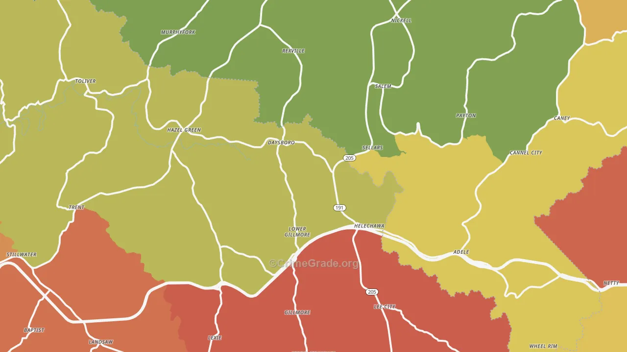 Hazel Green, KY Map of Theft Rates