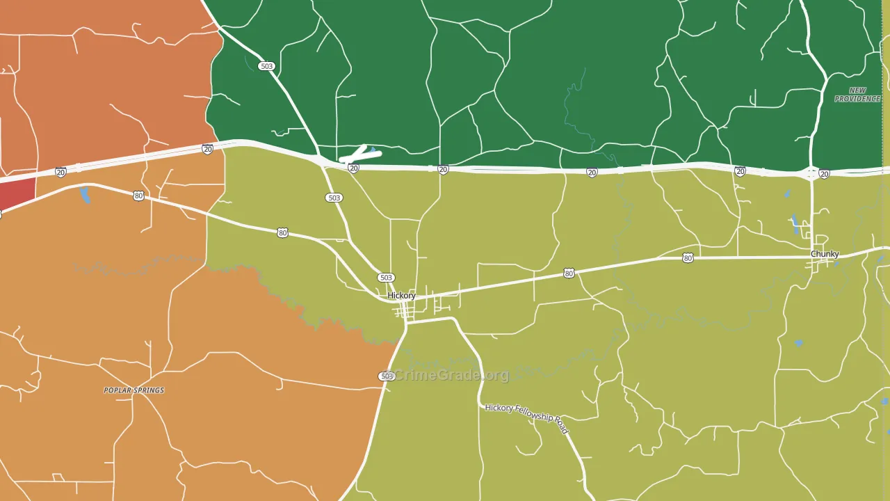 Hickory, MS Map of Theft Rates