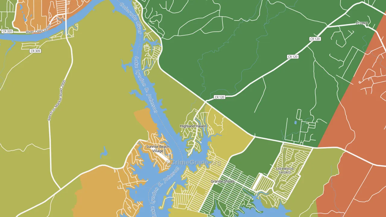 Highland Haven, TX Map of Theft Rates