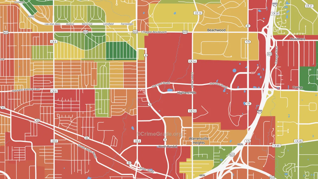 Highland Hills, OH Map of Theft Rates