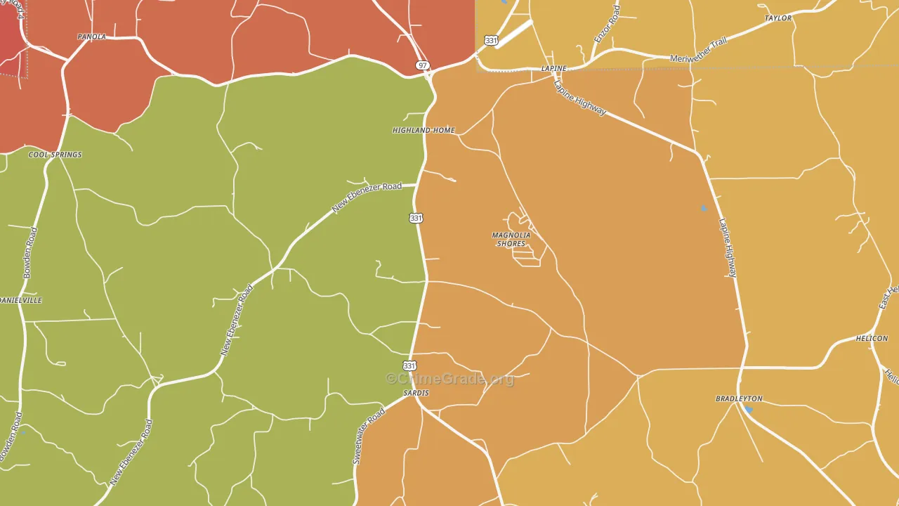 Highland Home, AL Map of Theft Rates