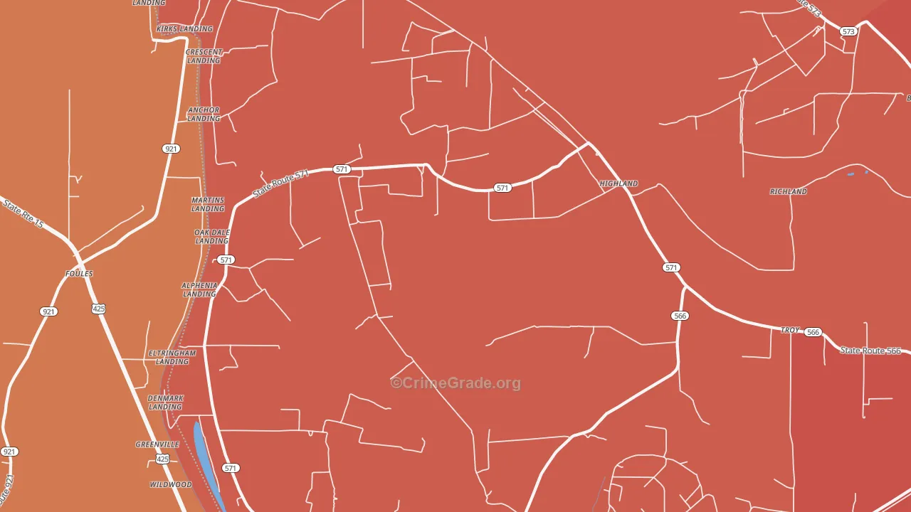 Highland, LA Map of Theft Rates