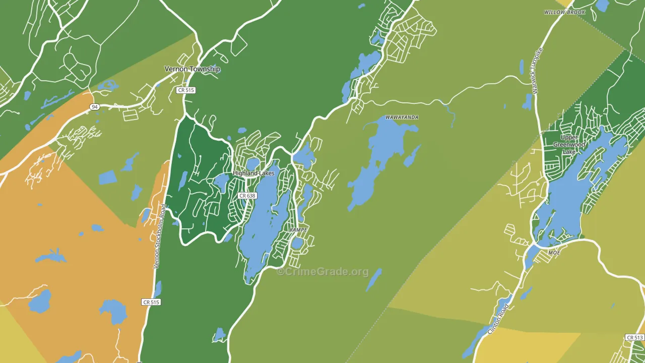 Highland Lakes, NJ Map of Theft Rates