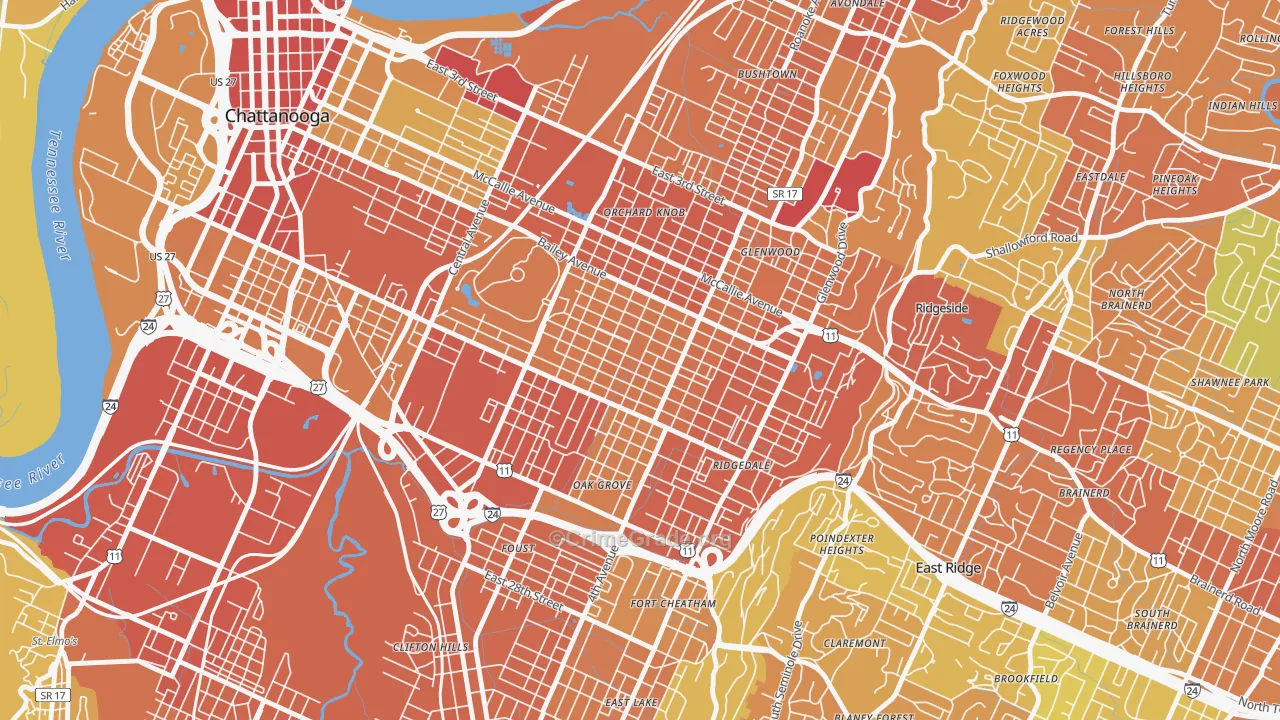 Highland Park, Chattanooga, TN Map of Theft Rates
