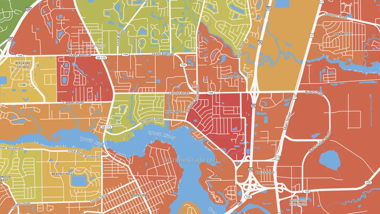 Highlands, Jacksonville, FL Map of Theft Rates