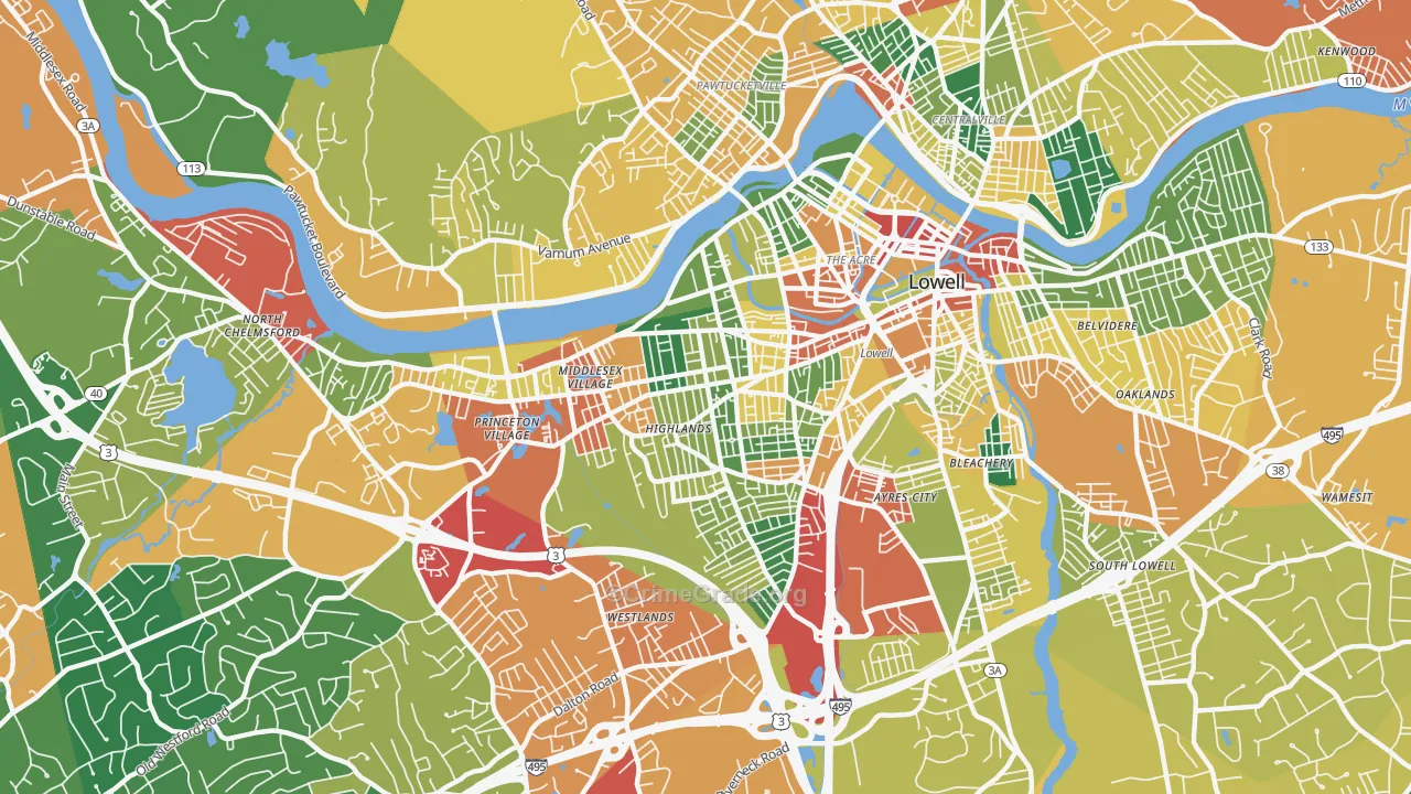 Highlands, Lowell, MA Map of Theft Rates