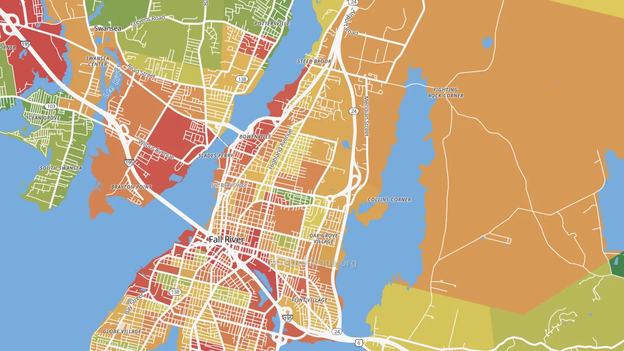Highlands-Providence, Fall River, MA Map of Theft Rates