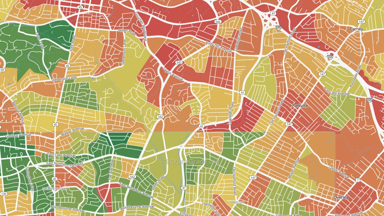 Hillendale, Parkville, MD Map of Theft Rates