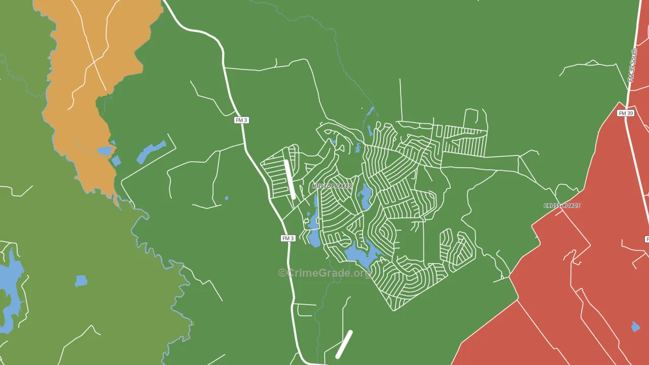 Hilltop Lakes, TX Map of Theft Rates