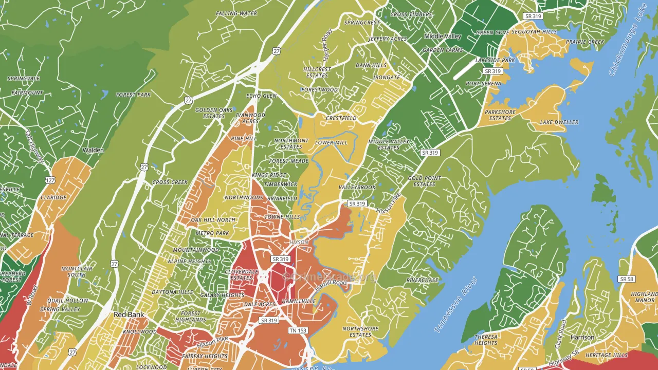 Hixson, TN Map of Theft Rates