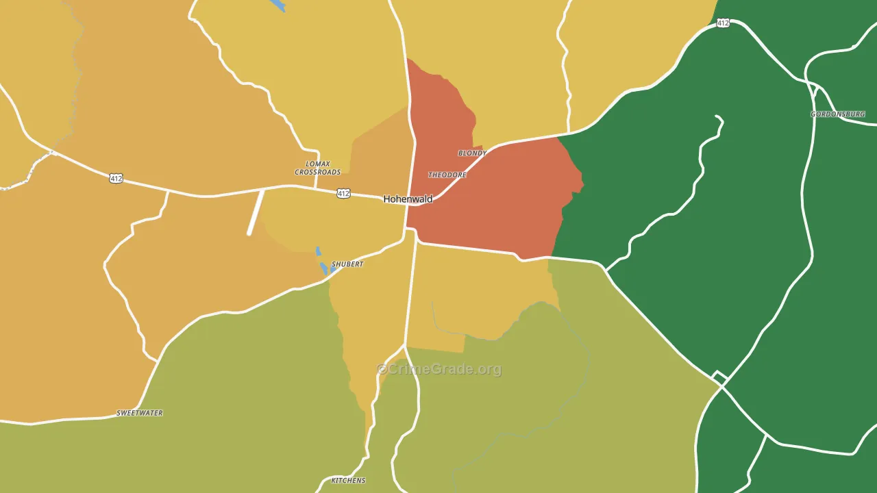 Hohenwald, TN Map of Theft Rates