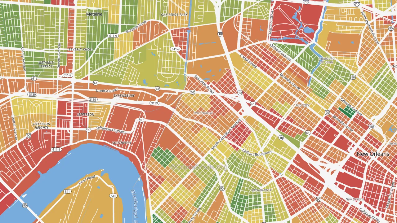 Holly Grove, New Orleans, LA Map of Theft Rates