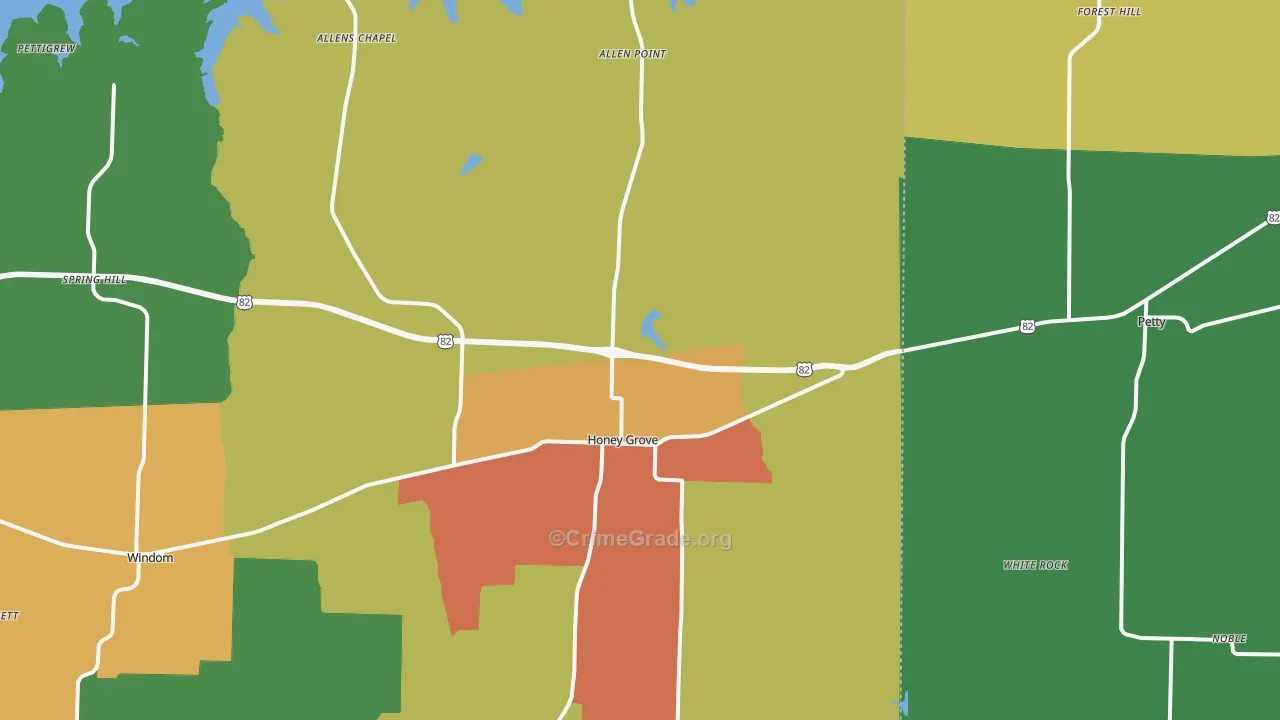 Honey Grove, TX Map of Theft Rates