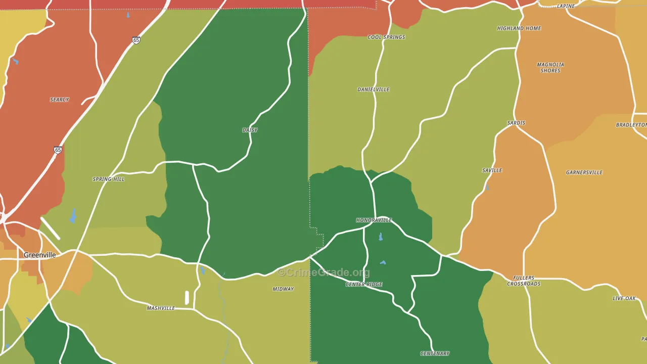 Honoraville, AL Map of Theft Rates
