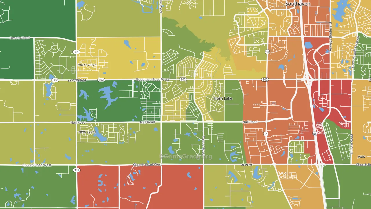 Horn Lake, MS Map of Theft Rates