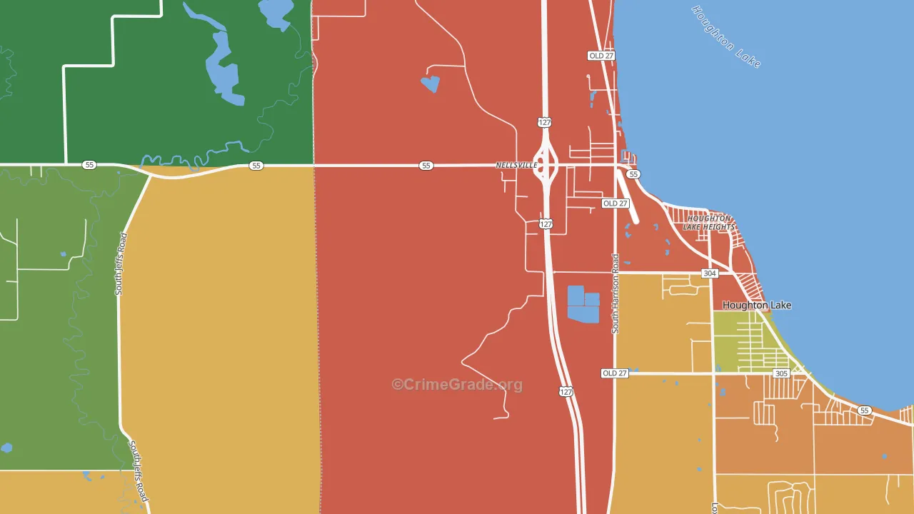Houghton Lake Heights, MI Map of Theft Rates