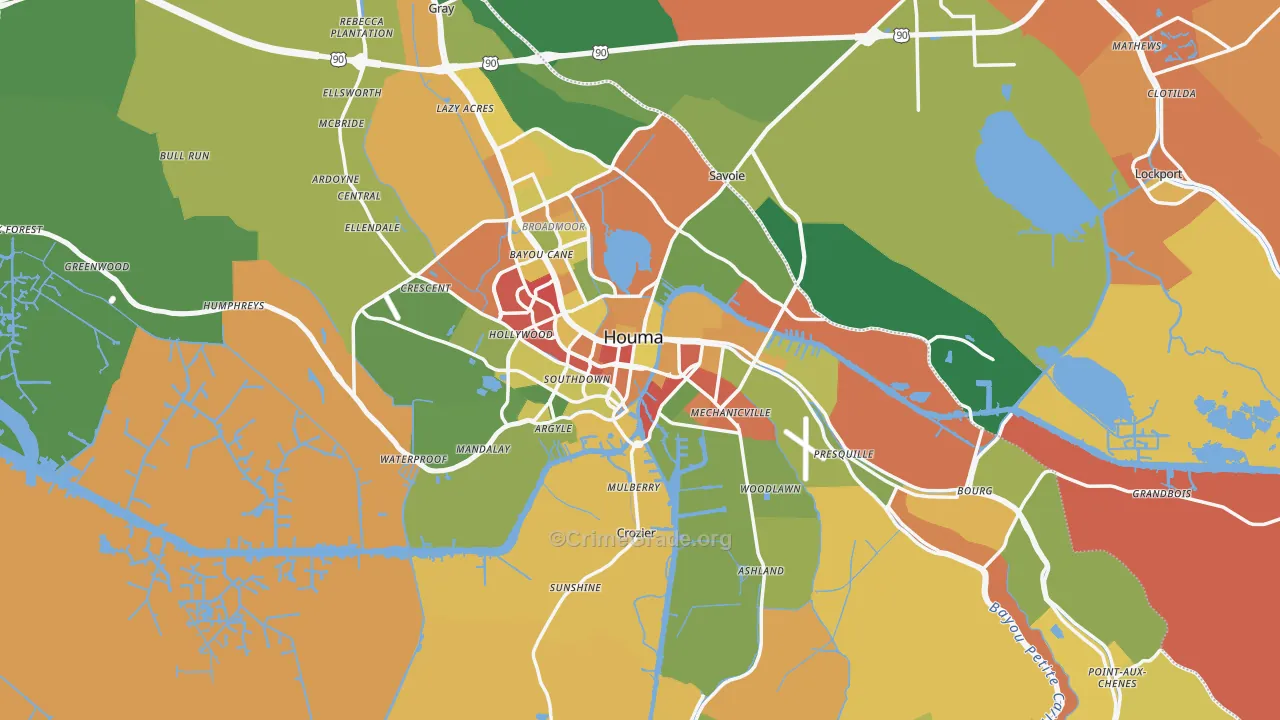Houma, LA Map of Theft Rates