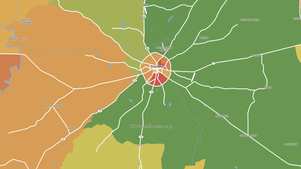 Houston County, TX Map of Theft Rates