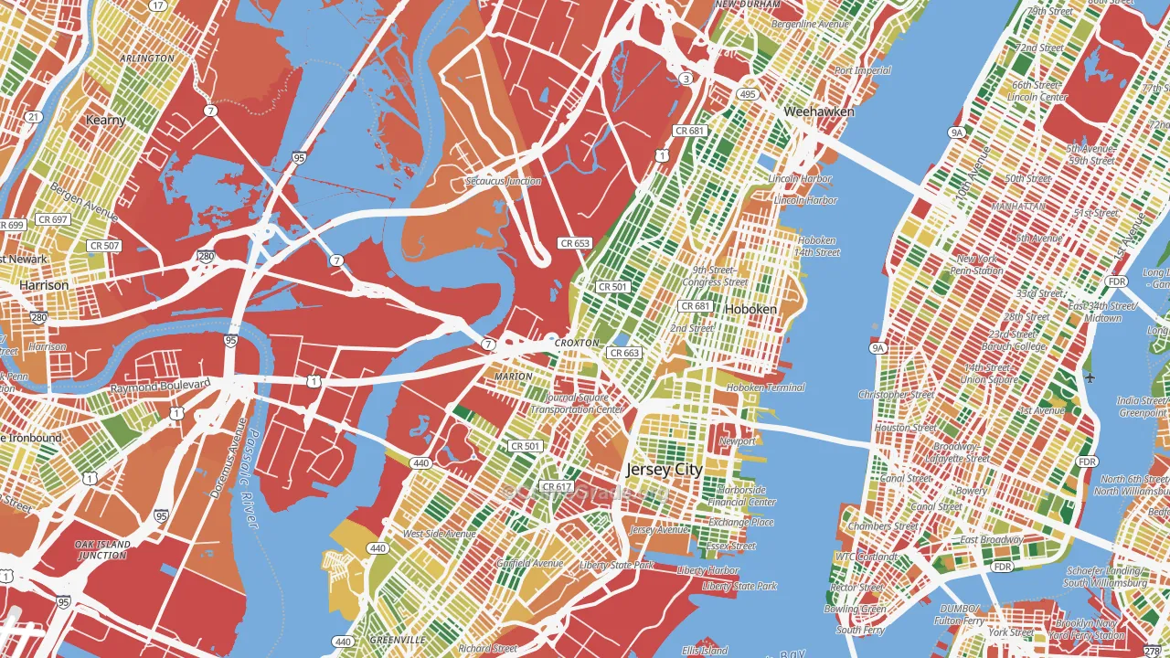 Hudson County, NJ Map of Theft Rates