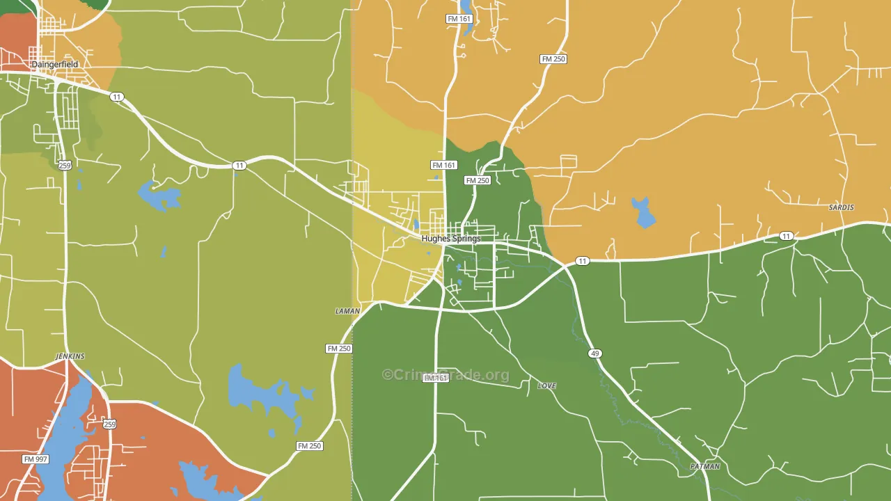 Hughes Springs, TX Map of Theft Rates