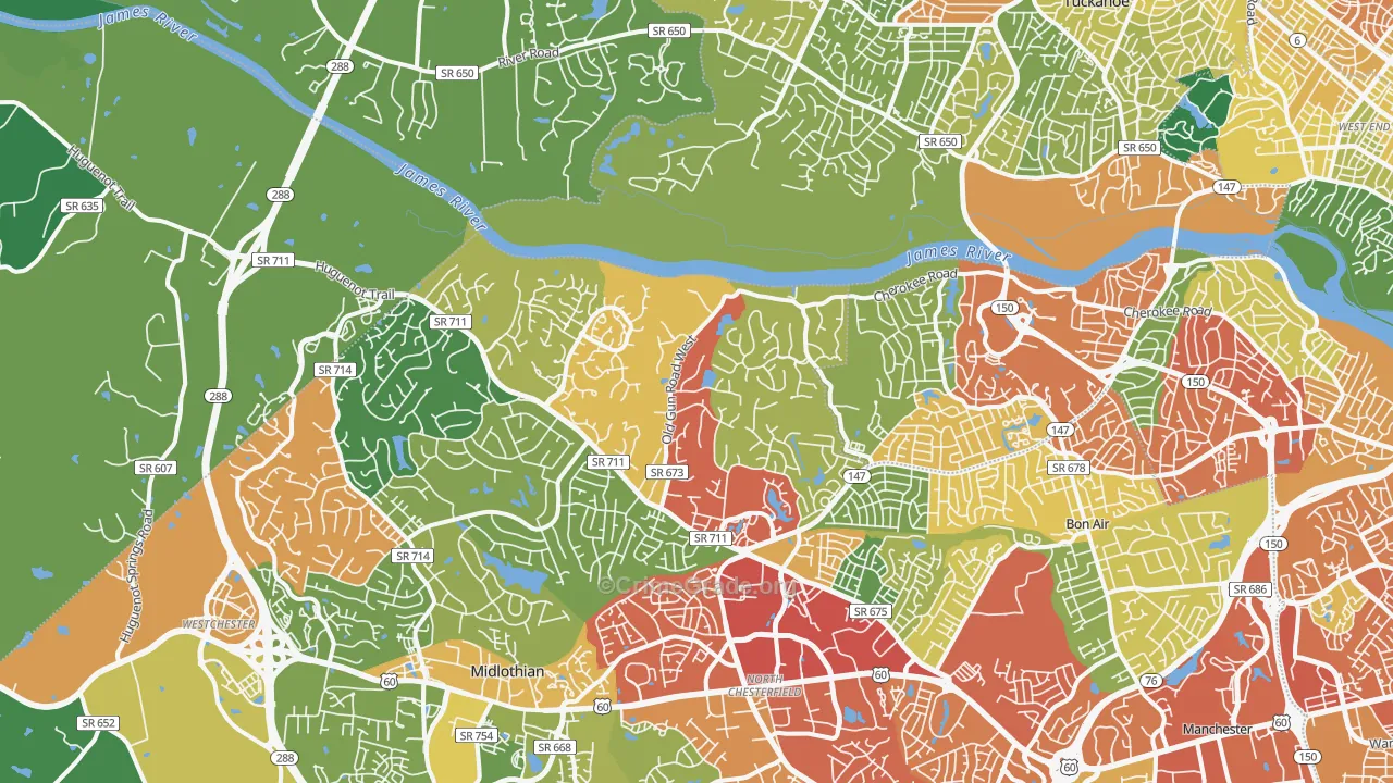 Huguenot, Richmond, VA Map of Theft Rates