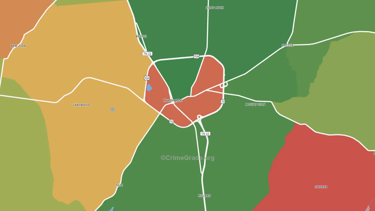 Huntingdon, TN Map of Theft Rates